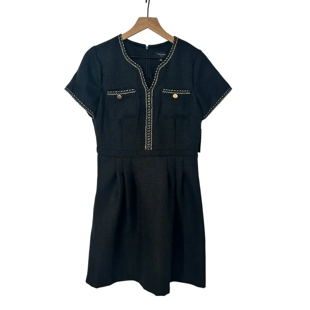 Tahari ASL Black Tweed Gold Detail Size 8 Dress Quiet Luxury Parisian Chic NWT - Picture 2 of 8